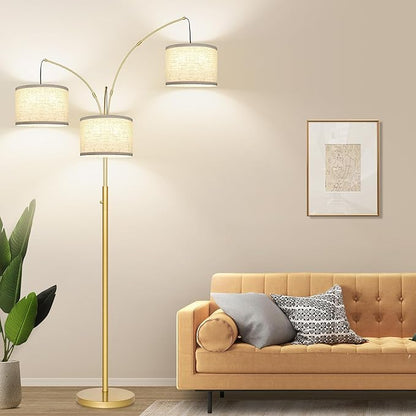 Dimmable Gold Floor Lamp, 3 Lights Arc Floor Lamps for Living Room, Modern Tall Standing Tree Lamp with White Shade & Heavy Base, Large Floor Lamp for Bedroom Office, 3x1000 LM LED Bulbs Included