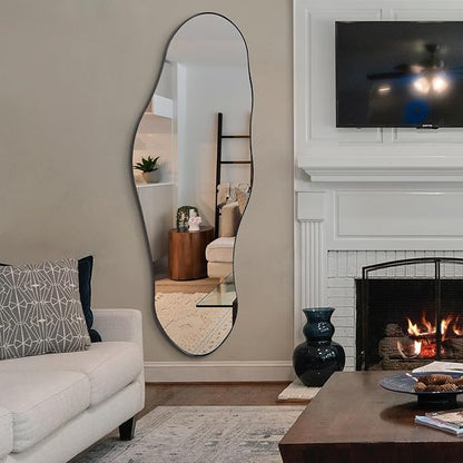 Irregular Mirror Full Length, 63"x22.5" Large Asymmetrical Mirror with Black Metal Frame, Abstract Wall Mirrors for Living Room Bedroom Hallway Entryway, Hangs Vertically or Horizontally