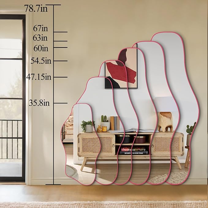 Irregular Mirror Full Length, 67"x31" Asymmetrical Tempered Glass Wall Mirror, Large Pink Organic Frameless Mirrors for Living Room Bedroom Hallway Entryway, Horizontal or Vertical Hanging