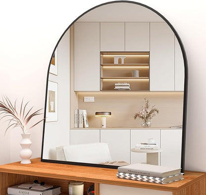 Wall Mounted Mirror, Arched Wall Mirror for Bathroom, 33.5"x29.5" Arch Bathroom Mirror with Metal Frame, Black Vanity Mirror Decor for Mantle, Bedroom, Entryway