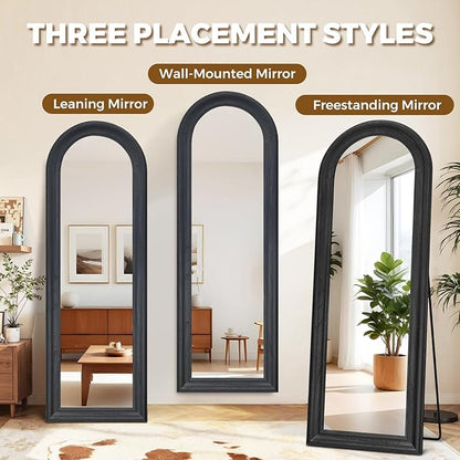 Solid Wood Full Length Mirror - 65"x22" Arched Floor Mirror, Free Standing & Wall Mounted - Elegant Design for Bedroom, Dressing Room, Hallway, Black