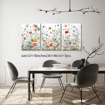 KISSFOX Framed Colorful Wildflower Canvas Wall Art Set Of 3 Flowers Pictures Prints Flowers Printing Floral Watercolors Flower wall Decor Living Room Girls Bedroom Bathroom