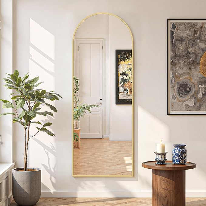 Mirror Full Length 59"x16" Full Body Floor Mirror with Stand, Shatterproof Glass, Aluminum Alloy Frame, Free Standing Wall Mounted or Leaning Arched Mirrors for Bedroom Living Room Entryway