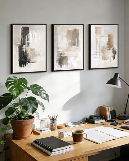PHOPAGO Modern Abstract Framed Wall Art Mid Century Minimalist Beige Pastel Neutral Wall Decor for Kitchen Hallway - 12x16in Black Framed
