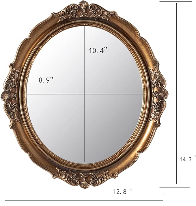 Funerom 12.8 x 14.3 inch Vintage Decorative Wall Mirror, Hanging Mirrors for Bedroom Living-Room Dresser Decor, Oval (Antique Gold)