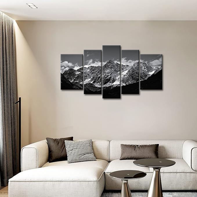 Canvas Wall Art Mountain Black and White Snow Mountain Landscape Picture 5 Pieces Prints On Canvas Modern Giclee Framed Artwork The Pictures for Home Living Room Decor
