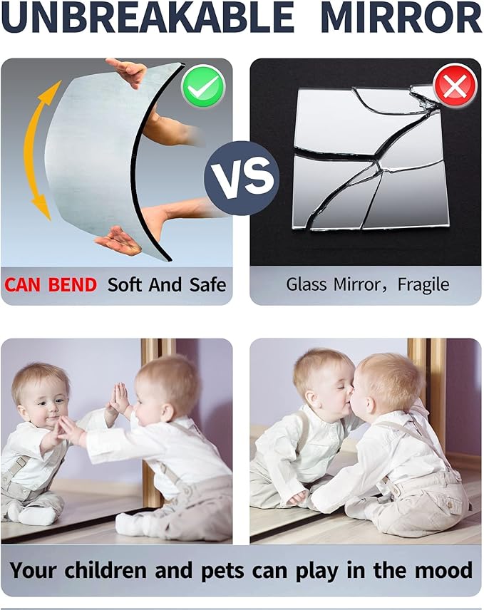 Shatterproof Kids Wall Mirror Tiles, 4Pcs 10"x10" Self Adhesive Acrylic Mirror, Safe Unbreakable Plastic Mirrors for Toddler, Small Mirrors,Plexiglass Long Mirrior for Classroom,Children's room