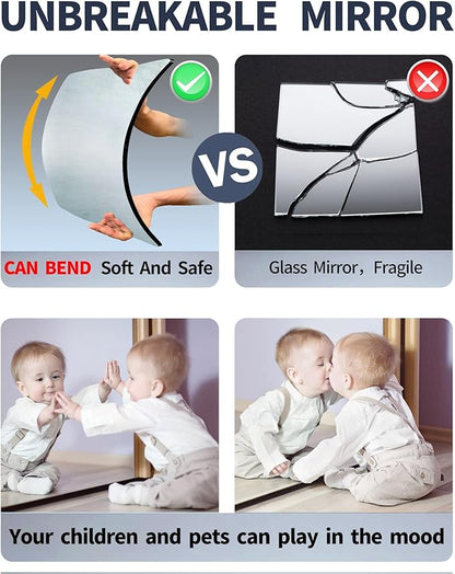 Shatterproof Kids Wall Mirror Tiles, 4Pcs 10"x10" Self Adhesive Acrylic Mirror, Safe Unbreakable Plastic Mirrors for Toddler, Small Mirrors,Plexiglass Long Mirrior for Classroom,Children's room