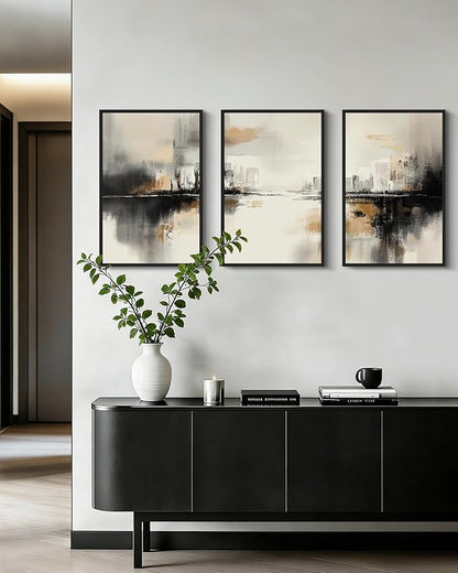 Drsoum Vintage Black Gray Abstract Wall Art Framed Brown Tan Neutral Prints Minimalist Modern Rustic Artwork Bedroom Living Room Ready to Hang 16x24in Black Framed