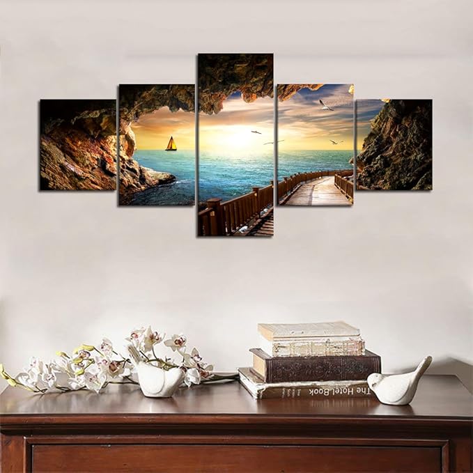 Landscape Sunset Seagulls Stone Scene Picture Modern Painting on Canvas 5 Panels Framed Wall Art for Living Room Bedroom Kitchen Home Decor Stretched Gallery Canvas Wrap Giclee Print (50’’W x 24’’H)