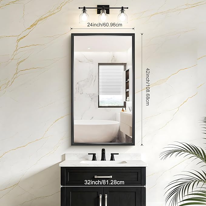 Black Framed Mirror 24"x42", Brushed Black Bathroom Mirrors for Over Sink, 0.6" Thickened Deep Frame Rectangle Mirrors for Wall, Shatterproof Tempered Glass, Antirust, Horizontally/Vertically