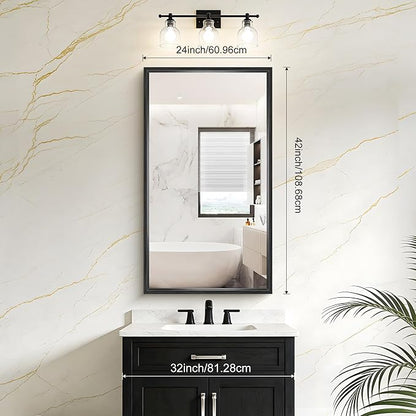 Black Framed Mirror 24"x42", Brushed Black Bathroom Mirrors for Over Sink, 0.6" Thickened Deep Frame Rectangle Mirrors for Wall, Shatterproof Tempered Glass, Antirust, Horizontally/Vertically