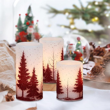 Christmas Tree Flameless Flickering Candles Battery Operated with 6H Timer, 3 Pack Real Wax Warm Light LED Pillar Candles Dinner Tabletop Holiday Centerpiece Decor 3" x 6"