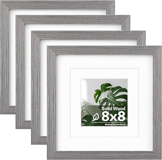 Egofine 8x8 Picture Frames Made of Solid Wood with Plexiglass, Display Pictures 4x4/6x6 with Mat or 8x8 Without Mat Set of 4 for Tabletop and Wall Mounting, Light Grey