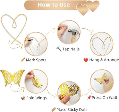 YarnieJiajia Gold Metal Wall Art Decor Wire Hearts And Pvc Butterfly Hanging For Living Room Bedroom Dorm Romantic Minimalist Home Decoration Gift For Women