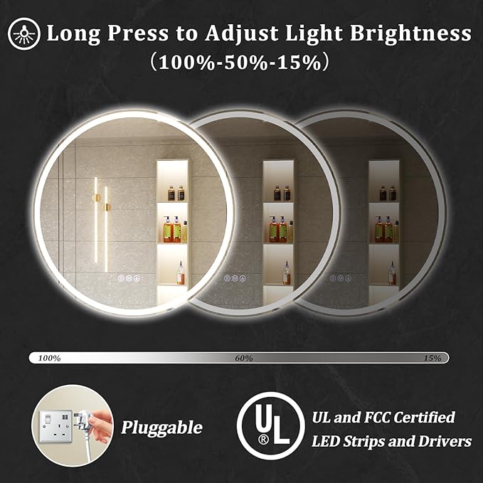 BEAUTYPEAK 40x40 LED Round Bathroom Mirror with Lights, Anti-Fog, Dimmable, Backlit + Front Lit, Lighted Bathroom Vanity Mirror for Wall, 3 Colors, Memory Function, Tempered Glass, Shatter-Proof