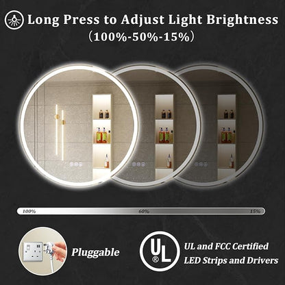 BEAUTYPEAK 40x40 LED Round Bathroom Mirror with Lights, Anti-Fog, Dimmable, Backlit + Front Lit, Lighted Bathroom Vanity Mirror for Wall, 3 Colors, Memory Function, Tempered Glass, Shatter-Proof