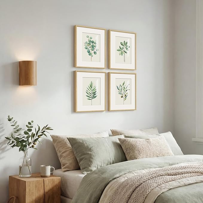 Framed Minimalist Sage Green Botanical Wall Art for Bedroom, Farmhouse Boho Plant Artwork for Walls, 4 piece Vintage Leaf Picture Prints for Bathroom Living Room Kitchen Wall Art Decor, 12x16 Inch