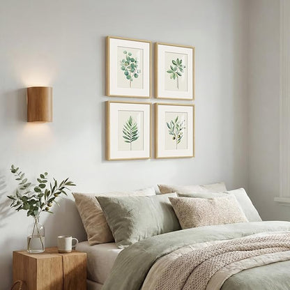 Framed Minimalist Sage Green Botanical Wall Art for Bedroom, Farmhouse Boho Plant Artwork for Walls, 4 piece Vintage Leaf Picture Prints for Bathroom Living Room Kitchen Wall Art Decor, 12x16 Inch