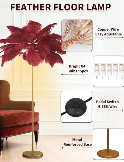 Feather Floor Lamp,Fluffy Ostrich Feather Floor Lamp for Bedroom,3 Color Temperatures Led Corner Modern Floor Lamps for Living Room Christmas Home Decor House Warming Gifts,63″ Height (Wine Red)