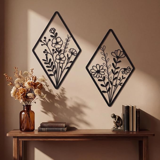 PullCrease 2 Pcs Metal Wall Art, Metal Flower Wall Decor, Modern Floral Art for Living Room, Bedroom, Bathroom, Rustic Farmhouse Decor, Sculpture Kitchen Decoration (Black)