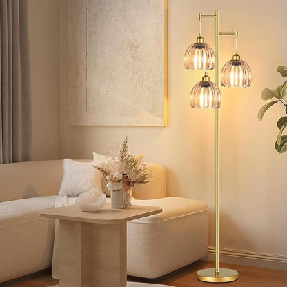 AHDWDW Gold Floor Lamp for Living Room Bedroom,3 Lights Mid Century Modern Floor Lamps with Flower Glass Shades,68IN Tall Standing Lamp with Bulbs,Vintage Tree Floor Lamp for Corner Office Reading