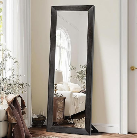 Full Length Mirror 65"x22" - Beveled Edge Rustic Black Dressing Mirror, Solid Wood Frame, Wall Mounted or Standing for Bedroom, Entryway, Living Room