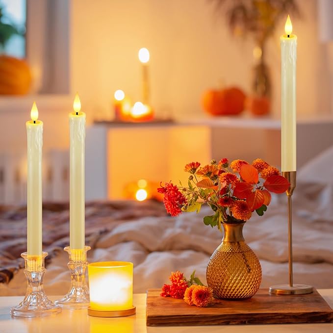 OCATO Flameless Candles with Remote: 8 Pack Battery Operated Window Candles 9.6" Real Wax LED Flickering Flameless Taper Candles 3D Wick Lights Halloween Christmas Wedding Decorations Cream