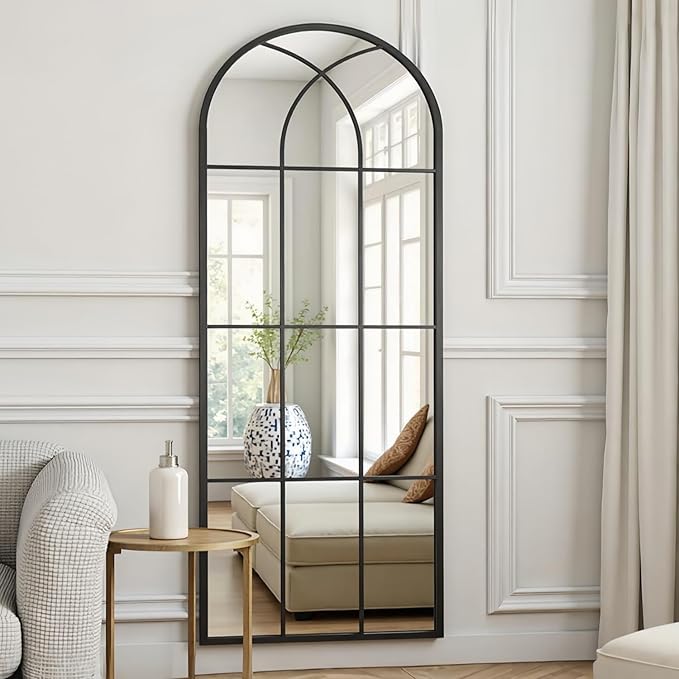 Dewfig 71"x32" Arched Window pane Full Length Mirror, Wall Mirror, Floor Standing Mirrors, Farmhouse Long Full Body Mirrors Wall Mounted for Living Room, Bedroom, Entryway, Fireplace, Black