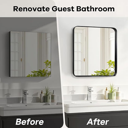 Bathroom Mirror for Over Sink - 24x24 Inch Black Matte Bathroom Mirrors for Vanity, Wall Mounted Rectangle Framed Mirror for Restroom, Fireplace, Living Room Decor