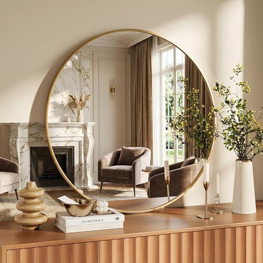 30" Gold Round Mirror for Wall, Large Circle Bathroom Mirror for Over Sink, Matte Gold Metal Frame, HD Eco-Friendly Glass, Contemporary Vanity Mirror for Entryway Hallway Living Room Home Decor, Easy