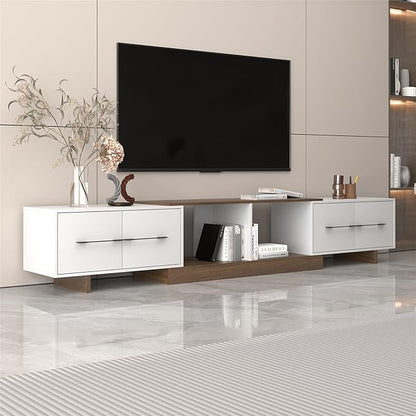 Extendable TV Stand, Modern TV Console for Up to 120 Inch TV, Entertainment Center with 4 Large Drawers & Open Shelf, Media Console for Living Room - White & Walnut (Extendable 74.80"-102.36")