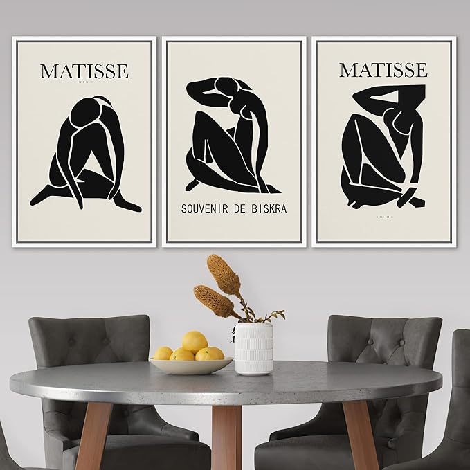SIGNLEADER Framed Canvas Print Wall Art Set Duotone Matisse Nude Dancer Portrait Trio Abstract Shapes Illustrations Modern Art Boho Decorative for Living Room, Bedroom, Office - 16"x24"x3 WHITE