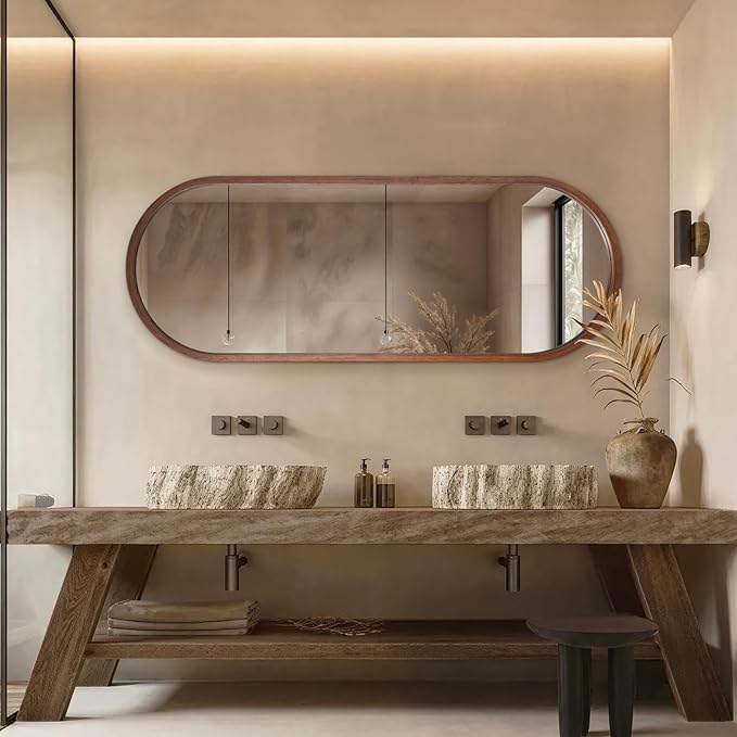 Oval Full Length Mirror, 66"X24" Walnut Full Body Mirror with Wood Frame, Large Wall Mirrors for Bathroom, Living Room, Bedroom, Bathroom, Entryway, Vertical/Horizontal