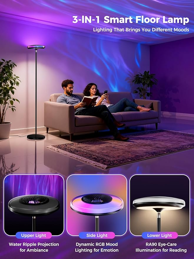 Smart Floor Lamp for Living Room, 66.8" RGB+WW Ripple Projector Floor Lamp for Bedroom, 3-in-1 LED Floor Lamp with RGB+IC Side Light & RA90 Reading Light, Dimmable Mood Light with App Control