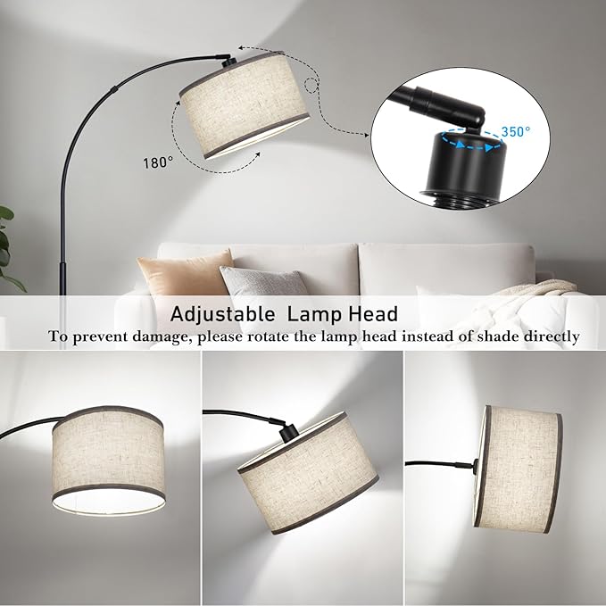 DWTB Black Arc Floor Lamps for Living Room,Modern Standing Lamp with Adjustable Drum Lampshade Tall Pole Lamp with Foot Switch Over Couch Arched Floor Light for Reading Bedroom 8W LED Bulb Included