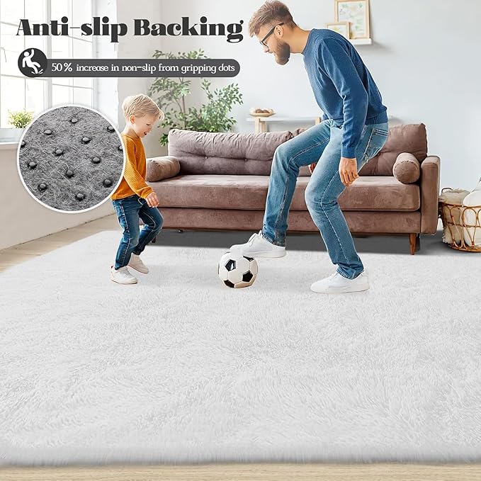 White Rugs for Bedroom: 4x6 Fluffy Shag Soft Washable Rug Fuzzy Plush Indoor Carpet for Living Room Kids Girls Boys Room Nursery Dorm (White, 4'x6')