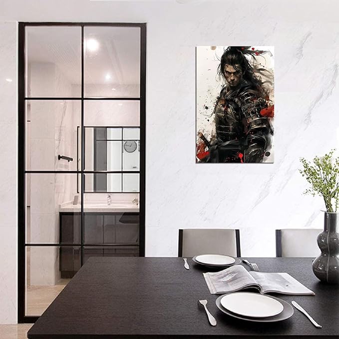 Samurai Canvas Wall Art Japanese Samurai Painting Prints Warrior Katana Picture Bushido Artwork for Bedroom Living Room Office Home Decoration Framed Ready to Hang (28''W x 44''H)