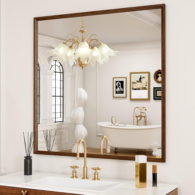 JISOSO Bathroom Vanity Mirror 36x36 Inch, Walnut Rectangle Bathroom Mirror, Anti-Rust, 4MM Tempered Glass, Wall-Mounted Mirror, Hangs Horizontally or Vertically for Bathroom & Bedroom