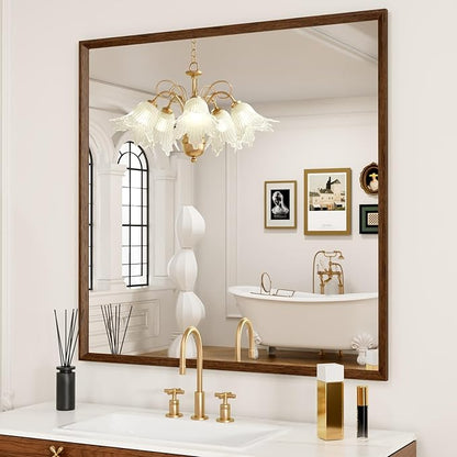 JISOSO Bathroom Vanity Mirror 36x36 Inch, Walnut Rectangle Bathroom Mirror, Anti-Rust, 4MM Tempered Glass, Wall-Mounted Mirror, Hangs Horizontally or Vertically for Bathroom & Bedroom