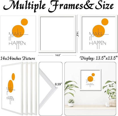 14x14 Picture Frame Set of 4, White 14 x 14 Frame High Transparent Wall Gallery Poster Canvas Photo Frames for 14by14 inches