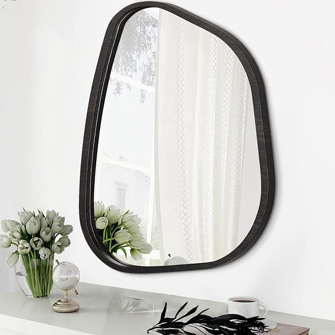 Asymmetrical Small Wall Mirror Irregular Wood Frame Modern Unique Accent Wall Mirror Decorative Vanity Bathroom Living Room Bedroom Entryway Hallway Artistic Wavy Mirror Small 16"x12"