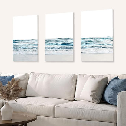 KESAIFEI 3 Piece Blue Waves Canvas Wall Art Set for Living Room Blue Wall Art, Beach Art Coastal Wave Paintings Wall Decor for Living Room, Bedroom, Bathroom, Office Ready to Hang 12x16 Inches.