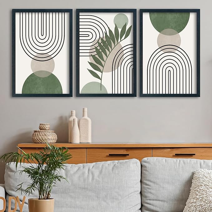 SRSZHIYUE Sage Green Boho Wall Art 24"×16" Set of 3 Geometric Line Leaf Sun Moon Sign for Master Bedroom Office Wall Hanging Decor (Black)