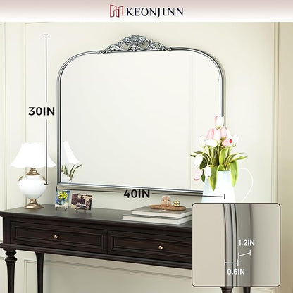 Keonjinn Vintage Mirror for Wall, 40" x 30" Silver Mirror with Metal Frame, Ornate Arched Decoration, Brass Mirror for Mantle, Living Room, French Cleat Mounting