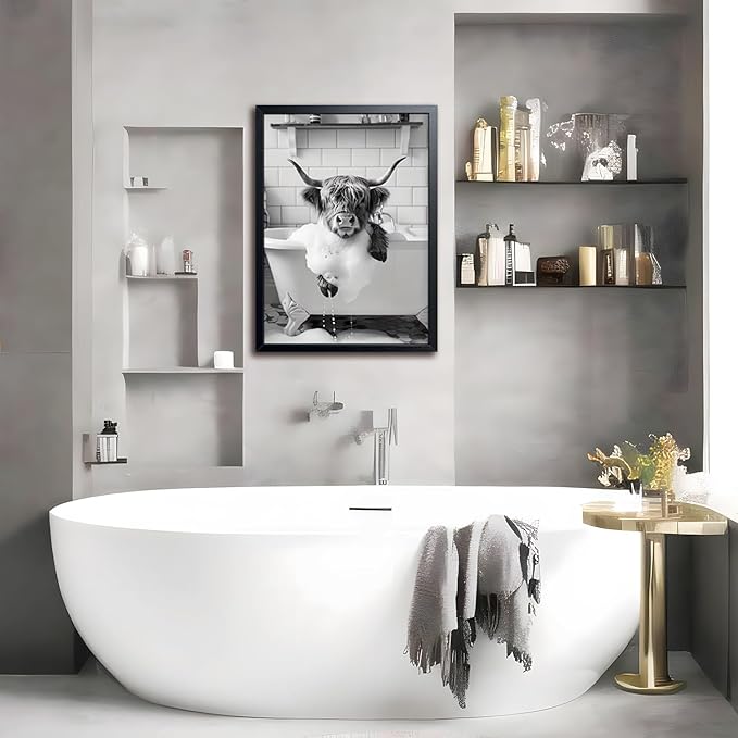 Highland Cow Bathroom Wall Art, Cute Black and White Animal Wall Decor Painting, Highland Cow in Bathtub Farmhouse Canvas Print Picture, Funny Bathroom Restroom Decor 12x16 Inch Wood Framed