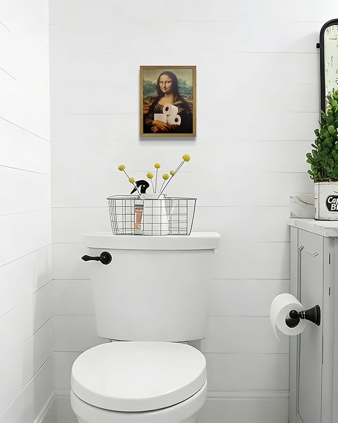 XYHYRA Vintage Mona Lisa Bathroom Wall Art, Funy Abstract Mona Lisa Paper Roll Wall Decor, Humor Amusing restroom Canvas Print Painting for Toilet Bathroom Home Decor 8x10 Inch Framed