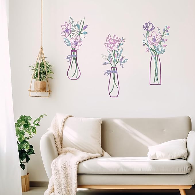 Zzbakress 3 Pcs Metal Flowers Wall Arts Rustic Farmhouse Decor Bathroom Wall Decor Metal Wall Decor for Living-room Dining-Room Kitchen Minimalist Decor Housewarming Gifts(Pink Purple)