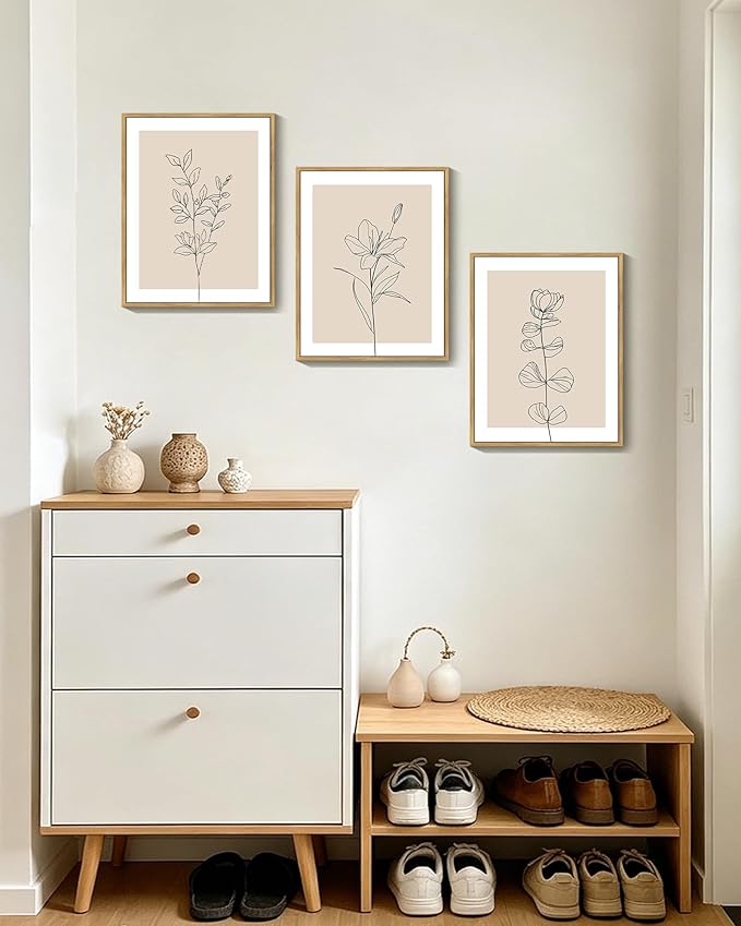 Drsoum Black Line Flower Wall Art Vintage Floral Minimalist Wall Hanging Decor Bohemain Botanical Prints Artwork for Office Dining Room Hallway 11x14in Natural Framed