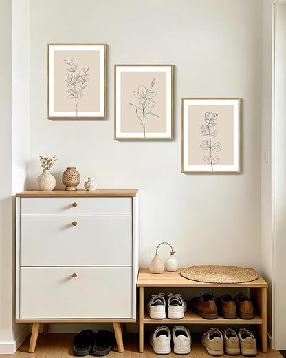 Drsoum Black Line Flower Wall Art Vintage Floral Minimalist Wall Hanging Decor Bohemain Botanical Prints Artwork for Office Dining Room Hallway 11x14in Natural Framed